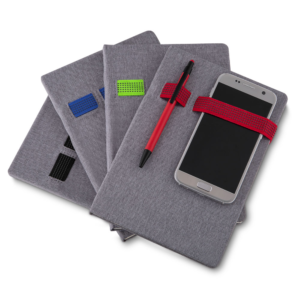 Bloco de anotações 14 x 21 com suporte para celular e caneta.