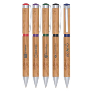 Caneta ecológica bambu com detalhes coloridos