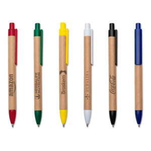 Caneta ecológica de papelão com detalhes coloridos
