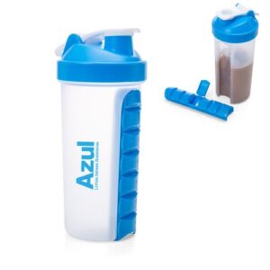 Coqueteleira plástica 750ml com porta comprimido.